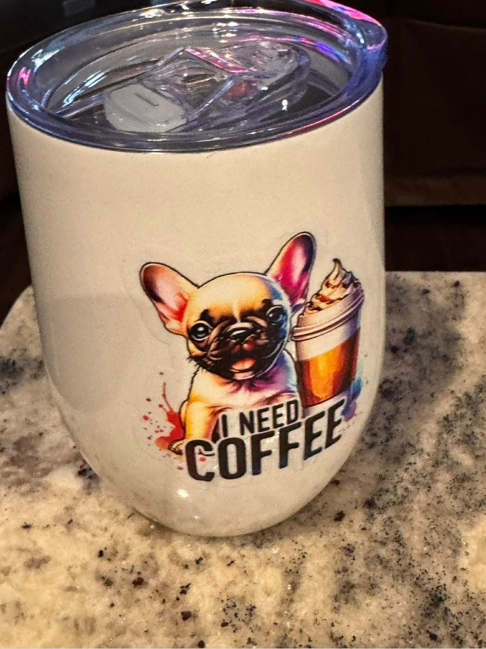 Hand Crafted White Coffee Tumbler with Colorful French Bulldog Design NEW IN BOX